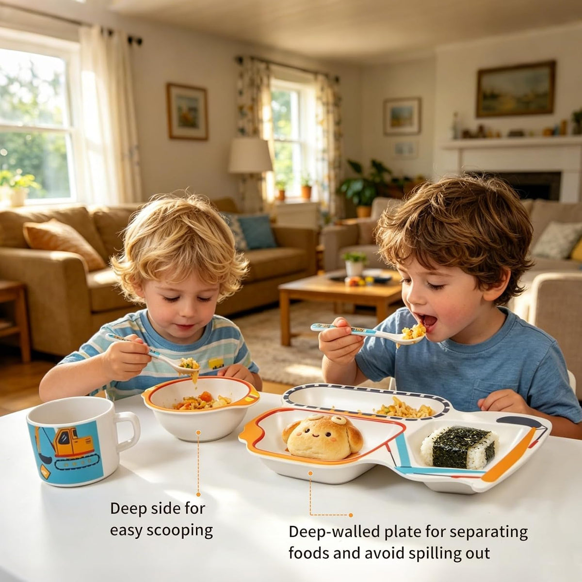 7Pcs+5Pcs Bamboo Toddler Baby Plates and Bowls Set, Kids Plates Dinnerware Set, Toddler Dinnerware Plate Set, Kids Dishes Baby Feeding Set Include Divided Plate, Bowl,Tumbler and Utensils