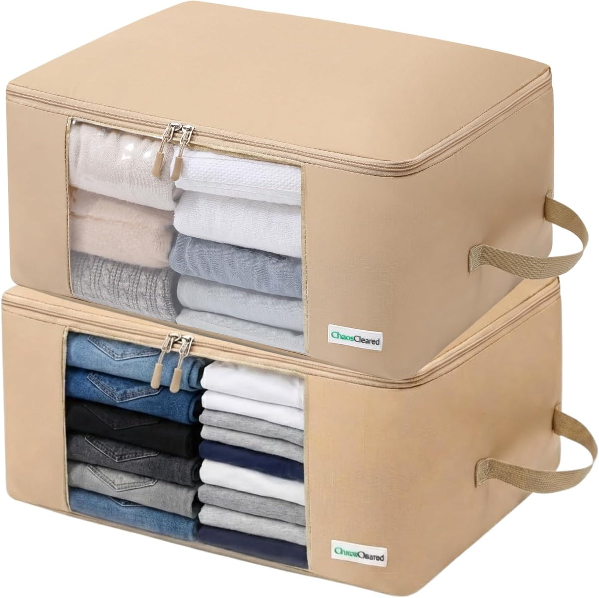 2 Pack Clothing Storage Bags Clothes Organizer folding fabric bags for sweaters, clothing, garment, bedding, quilt, linens, large folding organizers with zip & window (2 Pack Beige)