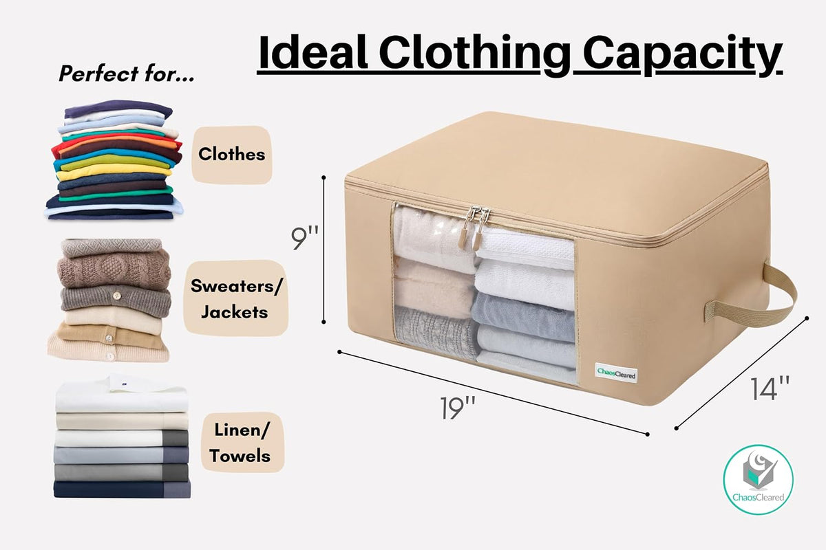 2 Pack Clothing Storage Bags Clothes Organizer folding fabric bags for sweaters, clothing, garment, bedding, quilt, linens, large folding organizers with zip & window (2 Pack Beige)