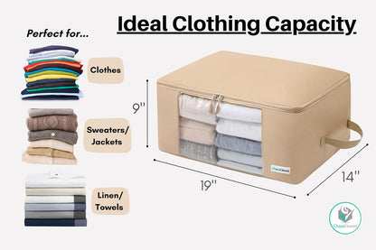 2 Pack Clothing Storage Bags Clothes Organizer folding fabric bags for sweaters, clothing, garment, bedding, quilt, linens, large folding organizers with zip & window (2 Pack Beige)