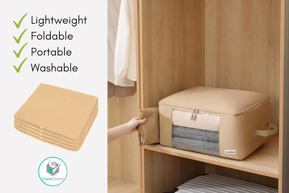 2 Pack Clothing Storage Bags Clothes Organizer folding fabric bags for sweaters, clothing, garment, bedding, quilt, linens, large folding organizers with zip & window (2 Pack Beige)