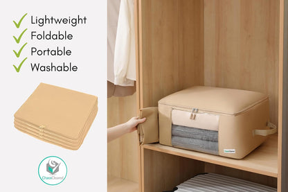 2 Pack Clothing Storage Bags Clothes Organizer folding fabric bags for sweaters, clothing, garment, bedding, quilt, linens, large folding organizers with zip & window (2 Pack Beige)
