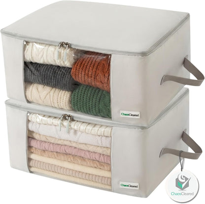 2 Pack Clothing Storage Bags Clothes Organizer folding fabric bags for sweaters, clothing, garment, bedding, quilt, linens, large folding organizers with zip & window (2 Pack Beige)