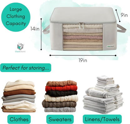 2 Pack Clothing Storage Bags Clothes Organizer folding fabric bags for sweaters, clothing, garment, bedding, quilt, linens, large folding organizers with zip & window (2 Pack Beige)