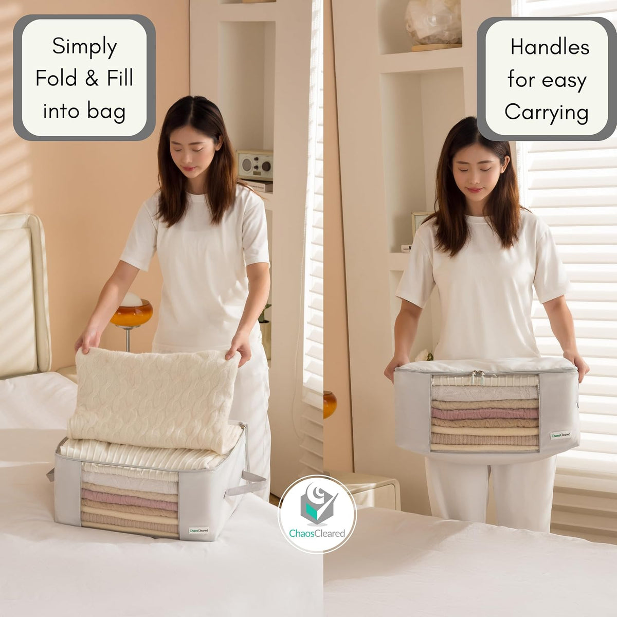 2 Pack Clothing Storage Bags Clothes Organizer folding fabric bags for sweaters, clothing, garment, bedding, quilt, linens, large folding organizers with zip & window (2 Pack Beige)
