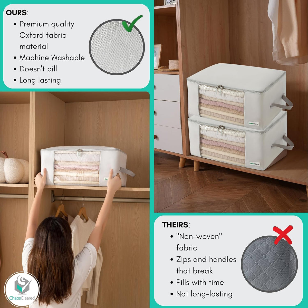 2 Pack Clothing Storage Bags Clothes Organizer folding fabric bags for sweaters, clothing, garment, bedding, quilt, linens, large folding organizers with zip & window (2 Pack Beige)