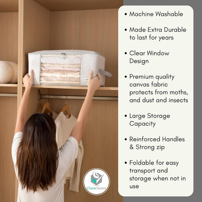 2 Pack Clothing Storage Bags Clothes Organizer folding fabric bags for sweaters, clothing, garment, bedding, quilt, linens, large folding organizers with zip & window (2 Pack Beige)