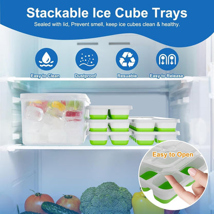 Ice Cube Trays with Lid and Bin, Silicone Plastic Ice Cubes Trays 11 Pack, Stackable Molds for Freezer, Storage Iced Bucket Kits BPA-Free and Odor-Free