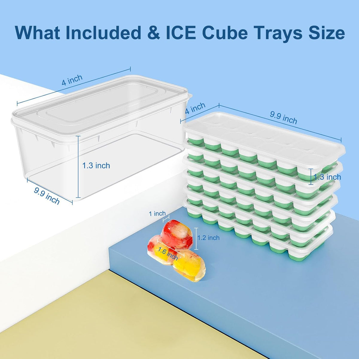 Ice Cube Trays with Lid and Bin, Silicone Plastic Ice Cubes Trays 11 Pack, Stackable Molds for Freezer, Storage Iced Bucket Kits BPA-Free and Odor-Free