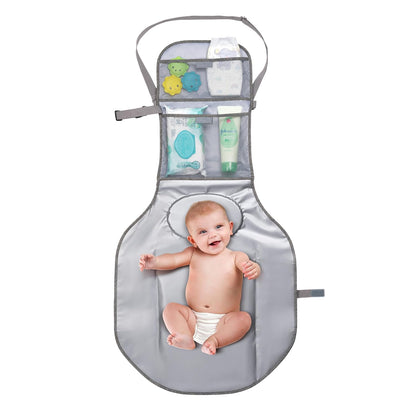 Portable Baby Changing Pad, Gray, Waterproof, with Mesh Storage Pockets and Built-in Cushioned Pillow