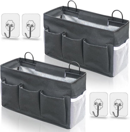Wall Hanging Organizer Bag, 2-Pack Linen Storage Baskets with Pockets, WallHanging Storage Basket for Bedroom, Kitchen, Office, RV Camper (Gray)