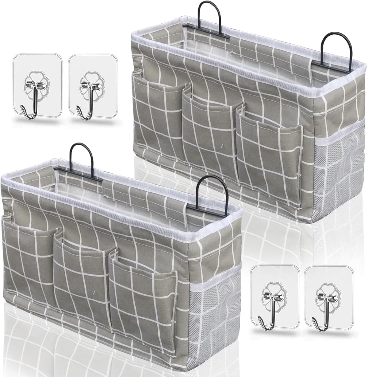 Wall Hanging Organizer Bag, 2-Pack Linen Storage Baskets with Pockets, WallHanging Storage Basket for Bedroom, Kitchen, Office, RV Camper (Gray)