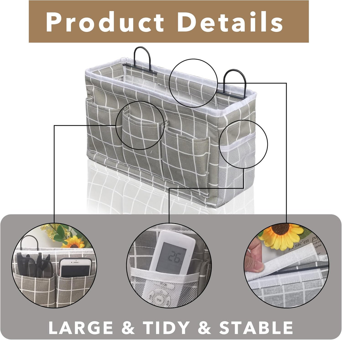 Wall Hanging Organizer Bag, 2-Pack Linen Storage Baskets with Pockets, WallHanging Storage Basket for Bedroom, Kitchen, Office, RV Camper (Gray)