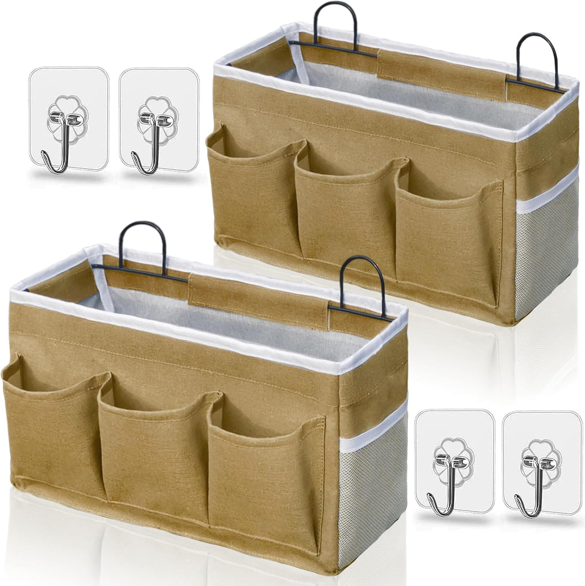 Wall Hanging Organizer Bag, 2-Pack Linen Storage Baskets with Pockets, WallHanging Storage Basket for Bedroom, Kitchen, Office, RV Camper (Gray)