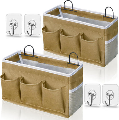 Wall Hanging Organizer Bag, 2-Pack Linen Storage Baskets with Pockets, WallHanging Storage Basket for Bedroom, Kitchen, Office, RV Camper (Gray)