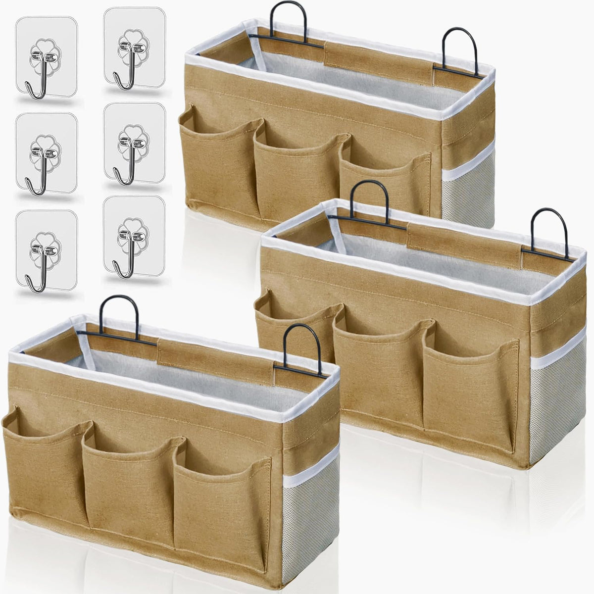 Wall Hanging Organizer Bag, 2-Pack Linen Storage Baskets with Pockets, WallHanging Storage Basket for Bedroom, Kitchen, Office, RV Camper (Gray)