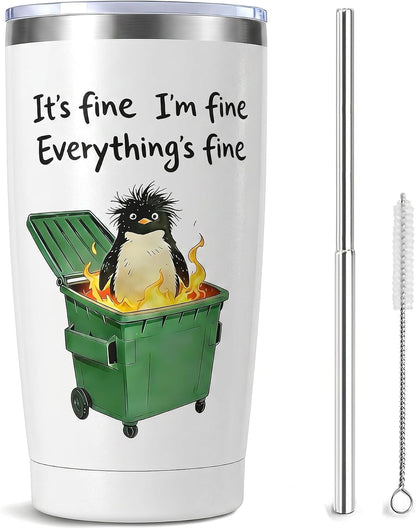 Funny Penguin Dumpster Fire Tumber, 20oz Stainless Steel Insulated Mug Gift | Double Wall Vacuum Insulation, Spill Resistant Lid, Comes With Straw & Brush, Office Daily Sarcastic Gag Novelty Gift