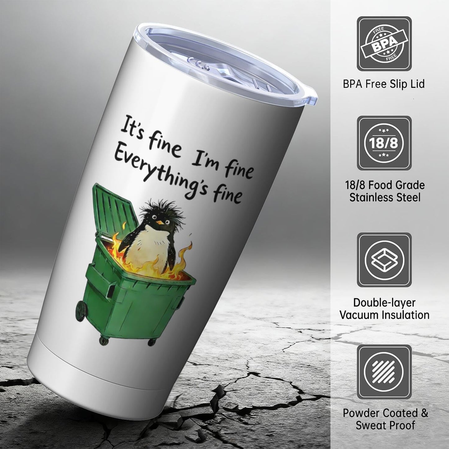 Funny Penguin Dumpster Fire Tumber, 20oz Stainless Steel Insulated Mug Gift | Double Wall Vacuum Insulation, Spill Resistant Lid, Comes With Straw & Brush, Office Daily Sarcastic Gag Novelty Gift