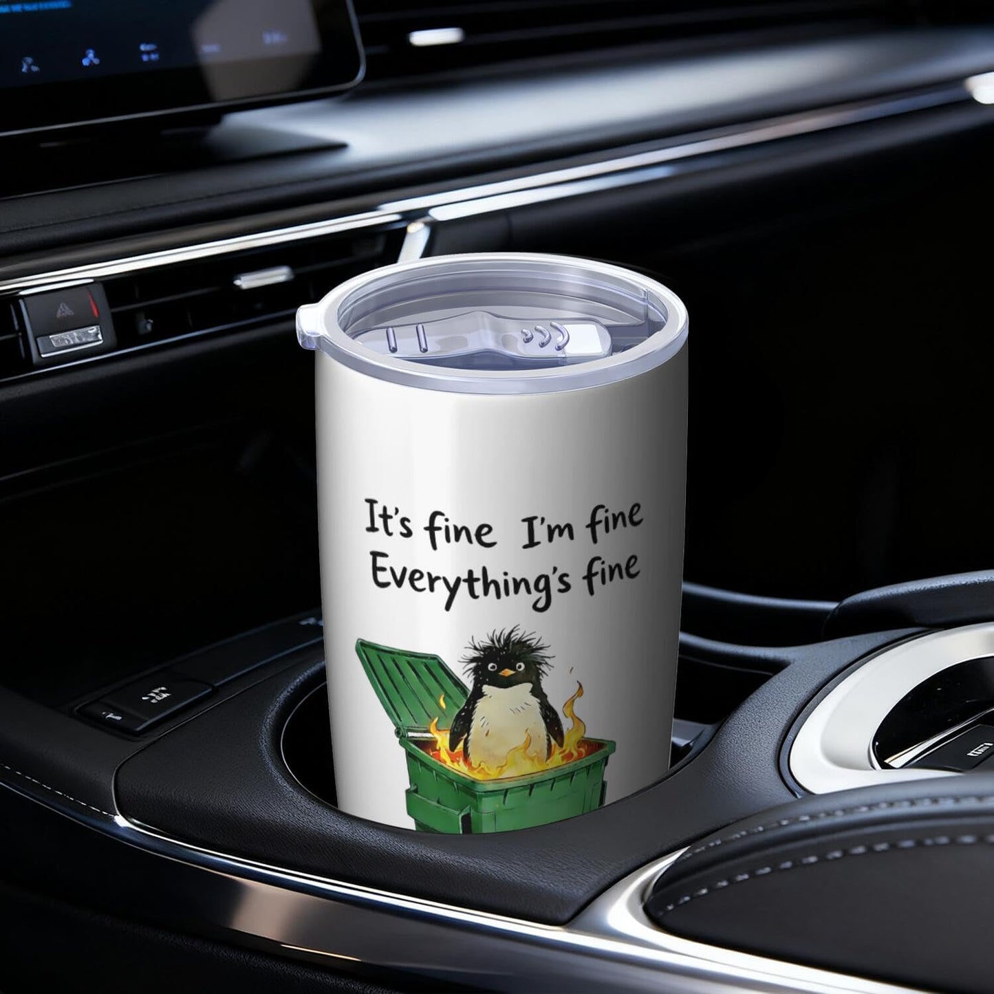 Funny Penguin Dumpster Fire Tumber, 20oz Stainless Steel Insulated Mug Gift | Double Wall Vacuum Insulation, Spill Resistant Lid, Comes With Straw & Brush, Office Daily Sarcastic Gag Novelty Gift