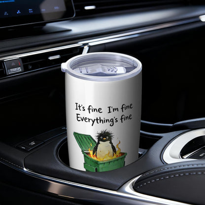 Funny Penguin Dumpster Fire Tumber, 20oz Stainless Steel Insulated Mug Gift | Double Wall Vacuum Insulation, Spill Resistant Lid, Comes With Straw & Brush, Office Daily Sarcastic Gag Novelty Gift