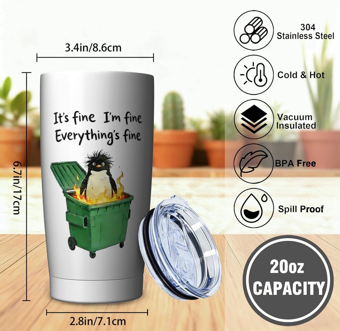 Funny Penguin Dumpster Fire Tumber, 20oz Stainless Steel Insulated Mug Gift | Double Wall Vacuum Insulation, Spill Resistant Lid, Comes With Straw & Brush, Office Daily Sarcastic Gag Novelty Gift