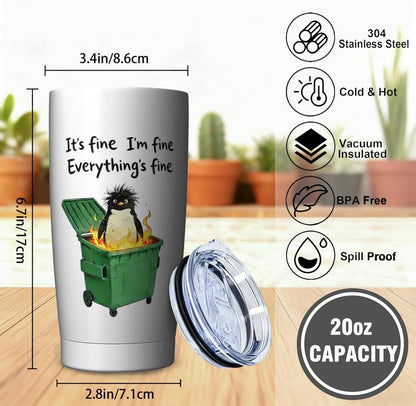 Funny Penguin Dumpster Fire Tumber, 20oz Stainless Steel Insulated Mug Gift | Double Wall Vacuum Insulation, Spill Resistant Lid, Comes With Straw & Brush, Office Daily Sarcastic Gag Novelty Gift