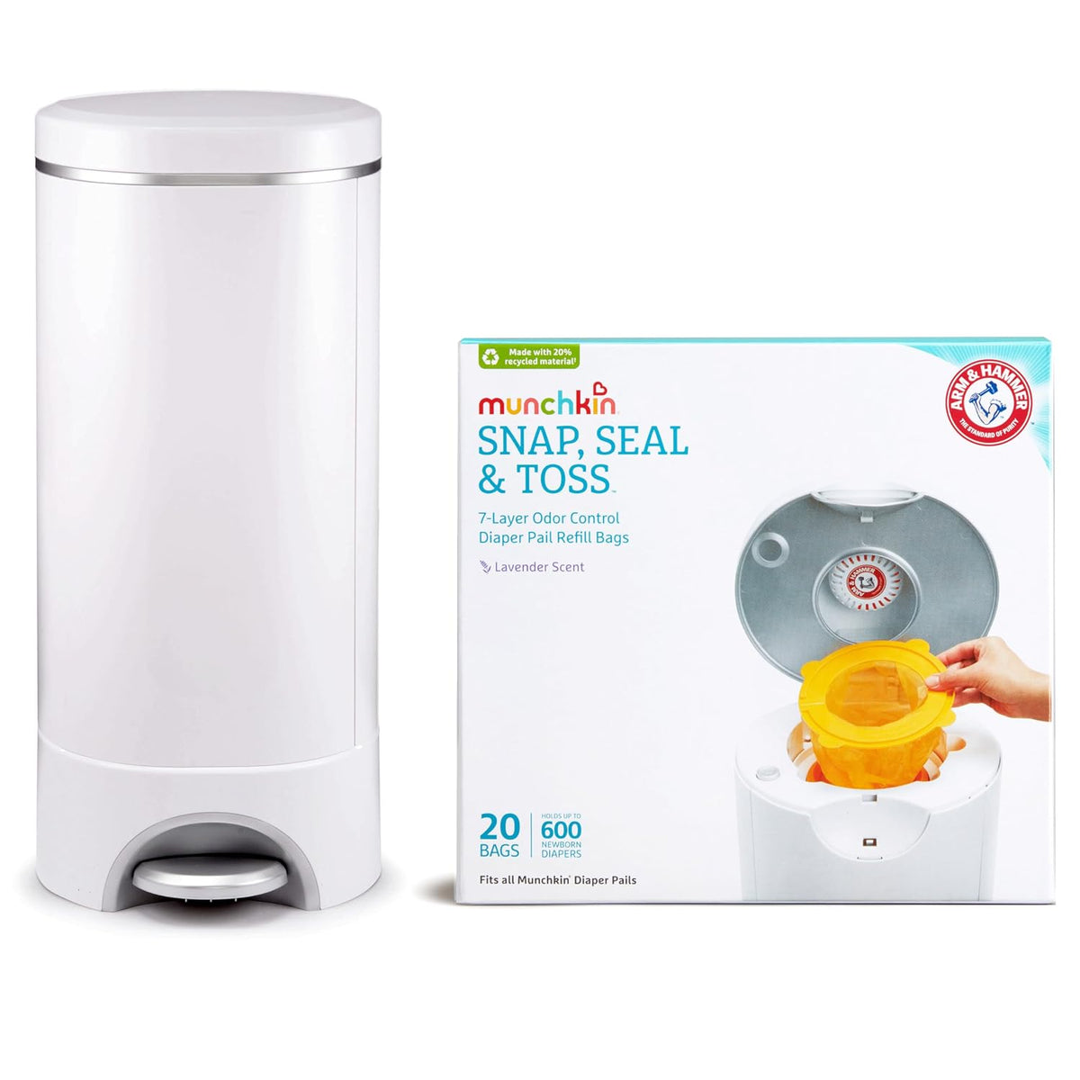 ® STEP™ Diaper Pail Powered by Arm & Hammer, #1 in Odor Control, Award-Winning, Includes 21 Snap, Seal & Toss™ Bags, 1 Starter Refill Ring, and 1 PUCK™ Baking Soda Cartridge