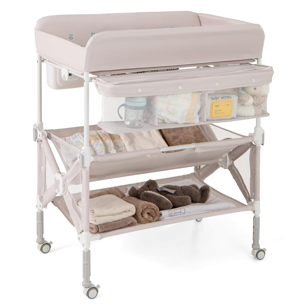 Portable Baby Changing Table, Foldable Waterproof Diaper Changing Station w/Wheels, Adjustable Height, Storage Basket, Shelves & Trash Bin, Mobile Nursery Organizer for Newborn Infant, Beige