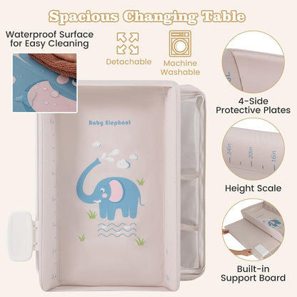 Portable Baby Changing Table, Foldable Waterproof Diaper Changing Station w/Wheels, Adjustable Height, Storage Basket, Shelves & Trash Bin, Mobile Nursery Organizer for Newborn Infant, Beige