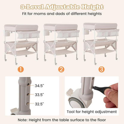 Portable Baby Changing Table, Foldable Waterproof Diaper Changing Station w/Wheels, Adjustable Height, Storage Basket, Shelves & Trash Bin, Mobile Nursery Organizer for Newborn Infant, Beige