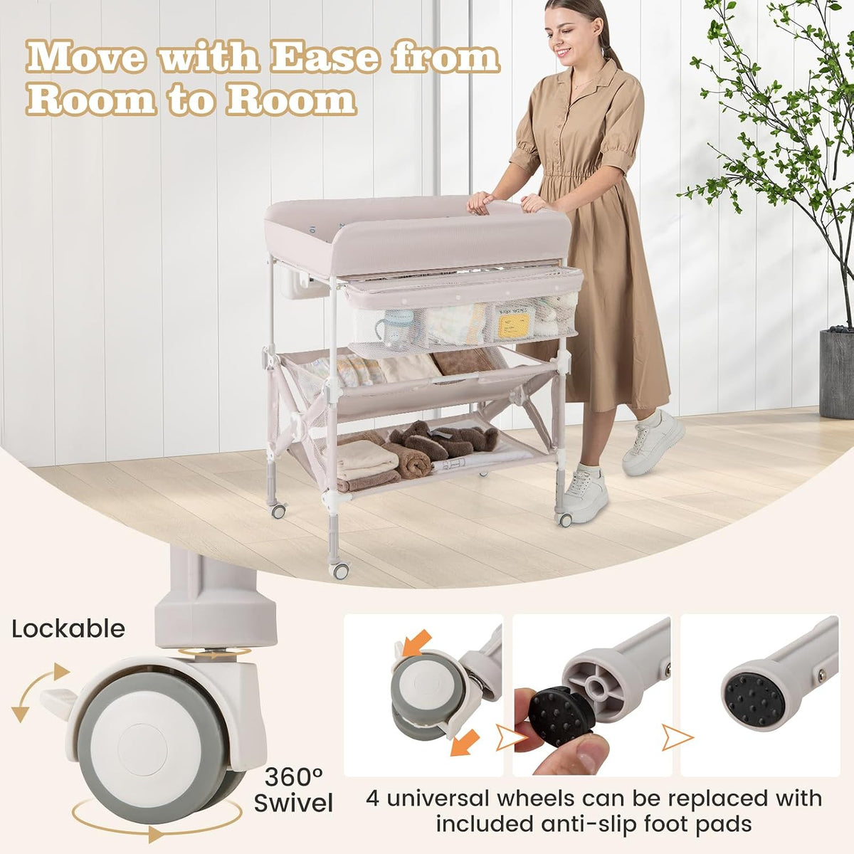 Portable Baby Changing Table, Foldable Waterproof Diaper Changing Station w/Wheels, Adjustable Height, Storage Basket, Shelves & Trash Bin, Mobile Nursery Organizer for Newborn Infant, Beige