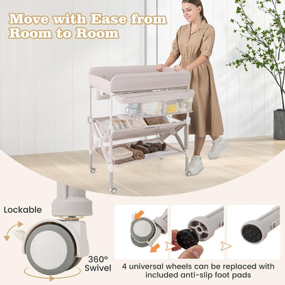 Portable Baby Changing Table, Foldable Waterproof Diaper Changing Station w/Wheels, Adjustable Height, Storage Basket, Shelves & Trash Bin, Mobile Nursery Organizer for Newborn Infant, Beige