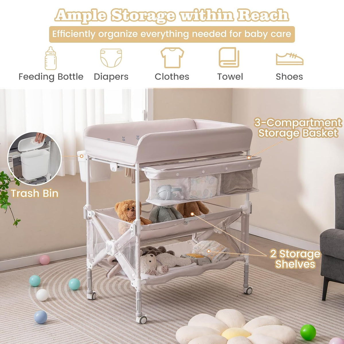 Portable Baby Changing Table, Foldable Waterproof Diaper Changing Station w/Wheels, Adjustable Height, Storage Basket, Shelves & Trash Bin, Mobile Nursery Organizer for Newborn Infant, Beige
