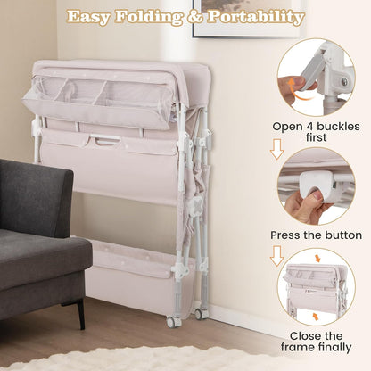 Portable Baby Changing Table, Foldable Waterproof Diaper Changing Station w/Wheels, Adjustable Height, Storage Basket, Shelves & Trash Bin, Mobile Nursery Organizer for Newborn Infant, Beige