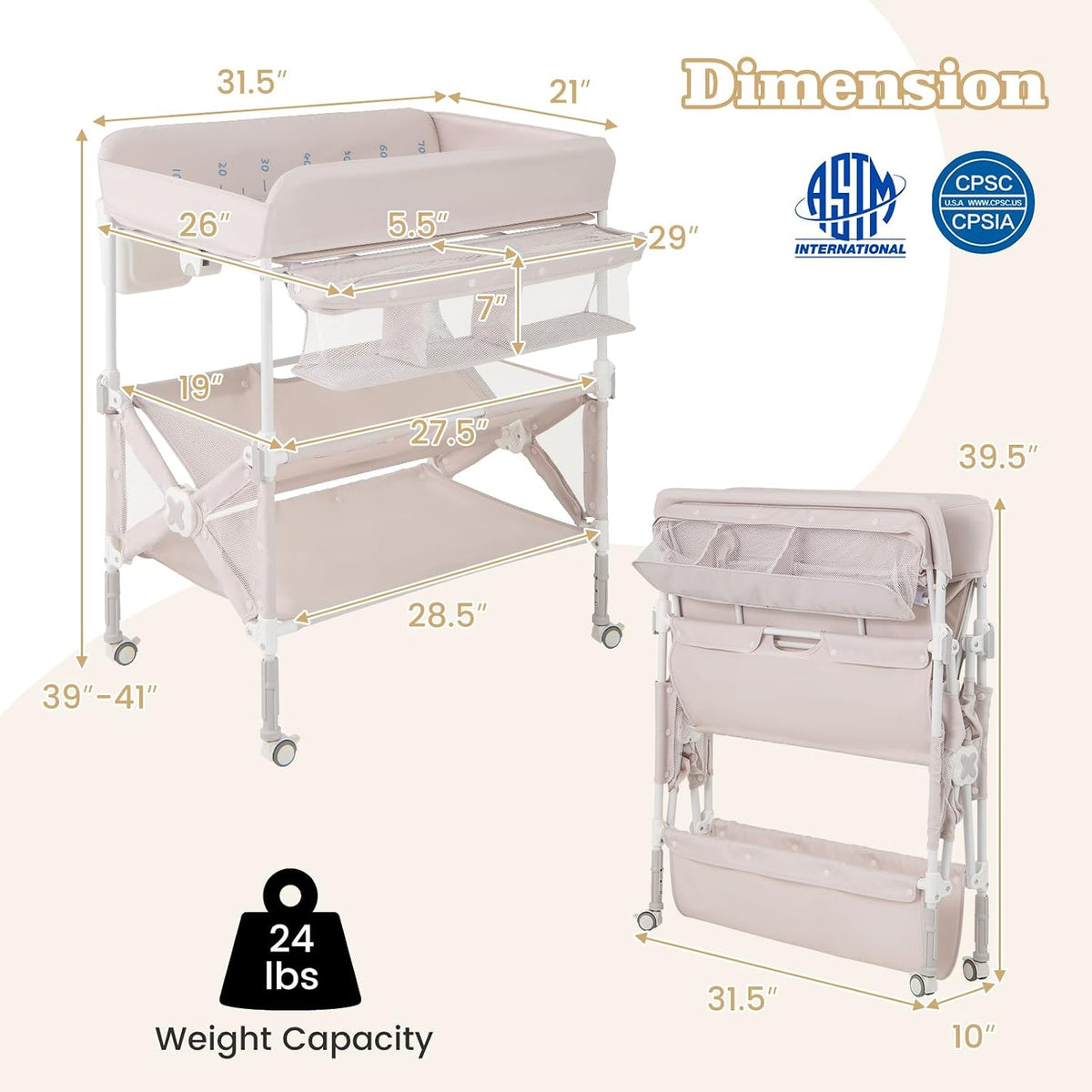 Portable Baby Changing Table, Foldable Waterproof Diaper Changing Station w/Wheels, Adjustable Height, Storage Basket, Shelves & Trash Bin, Mobile Nursery Organizer for Newborn Infant, Beige