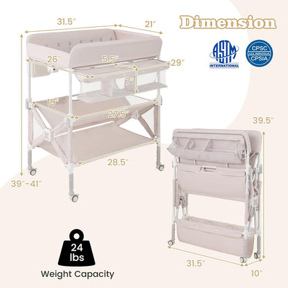 Portable Baby Changing Table, Foldable Waterproof Diaper Changing Station w/Wheels, Adjustable Height, Storage Basket, Shelves & Trash Bin, Mobile Nursery Organizer for Newborn Infant, Beige