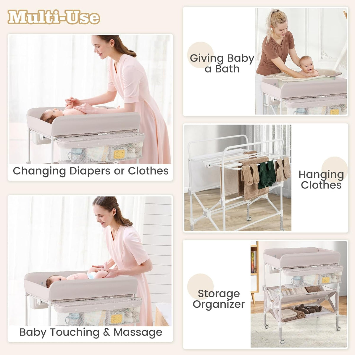 Portable Baby Changing Table, Foldable Waterproof Diaper Changing Station w/Wheels, Adjustable Height, Storage Basket, Shelves & Trash Bin, Mobile Nursery Organizer for Newborn Infant, Beige