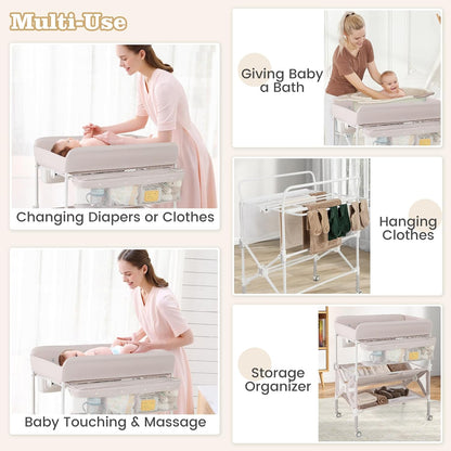 Portable Baby Changing Table, Foldable Waterproof Diaper Changing Station w/Wheels, Adjustable Height, Storage Basket, Shelves & Trash Bin, Mobile Nursery Organizer for Newborn Infant, Beige