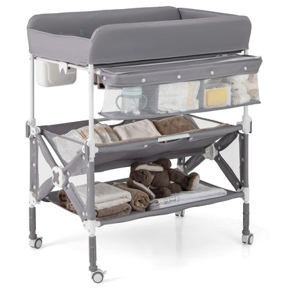 Portable Baby Changing Table, Foldable Waterproof Diaper Changing Station w/Wheels, Adjustable Height, Storage Basket, Shelves & Trash Bin, Mobile Nursery Organizer for Newborn Infant, Beige