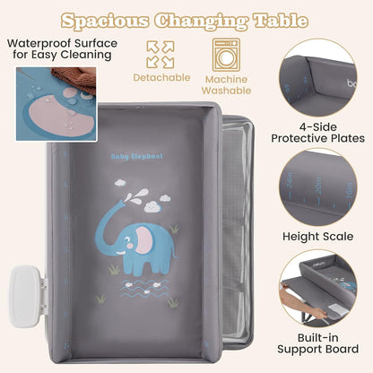 Portable Baby Changing Table, Foldable Waterproof Diaper Changing Station w/Wheels, Adjustable Height, Storage Basket, Shelves & Trash Bin, Mobile Nursery Organizer for Newborn Infant, Beige