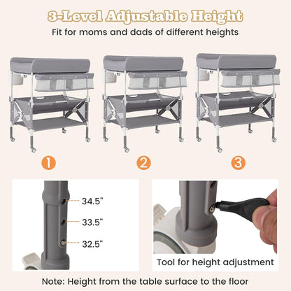 Portable Baby Changing Table, Foldable Waterproof Diaper Changing Station w/Wheels, Adjustable Height, Storage Basket, Shelves & Trash Bin, Mobile Nursery Organizer for Newborn Infant, Beige