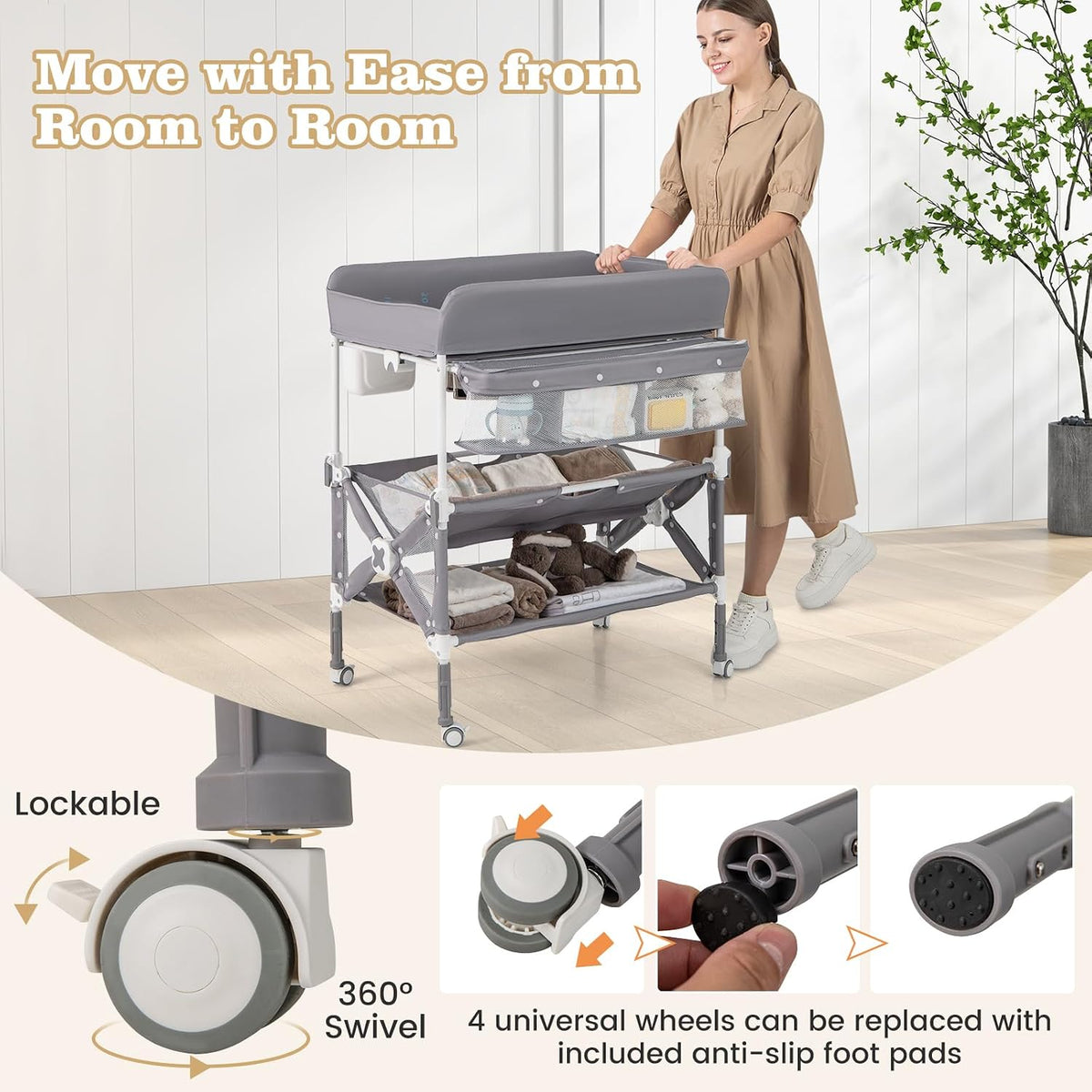 Portable Baby Changing Table, Foldable Waterproof Diaper Changing Station w/Wheels, Adjustable Height, Storage Basket, Shelves & Trash Bin, Mobile Nursery Organizer for Newborn Infant, Beige