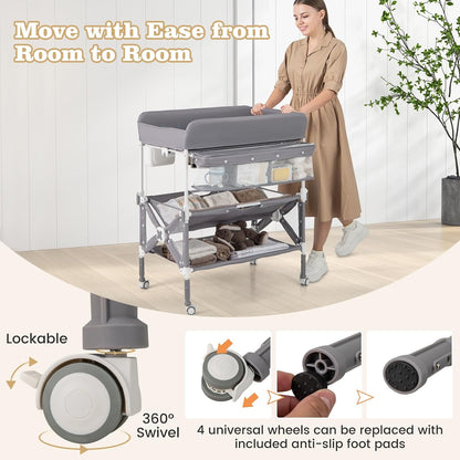 Portable Baby Changing Table, Foldable Waterproof Diaper Changing Station w/Wheels, Adjustable Height, Storage Basket, Shelves & Trash Bin, Mobile Nursery Organizer for Newborn Infant, Beige