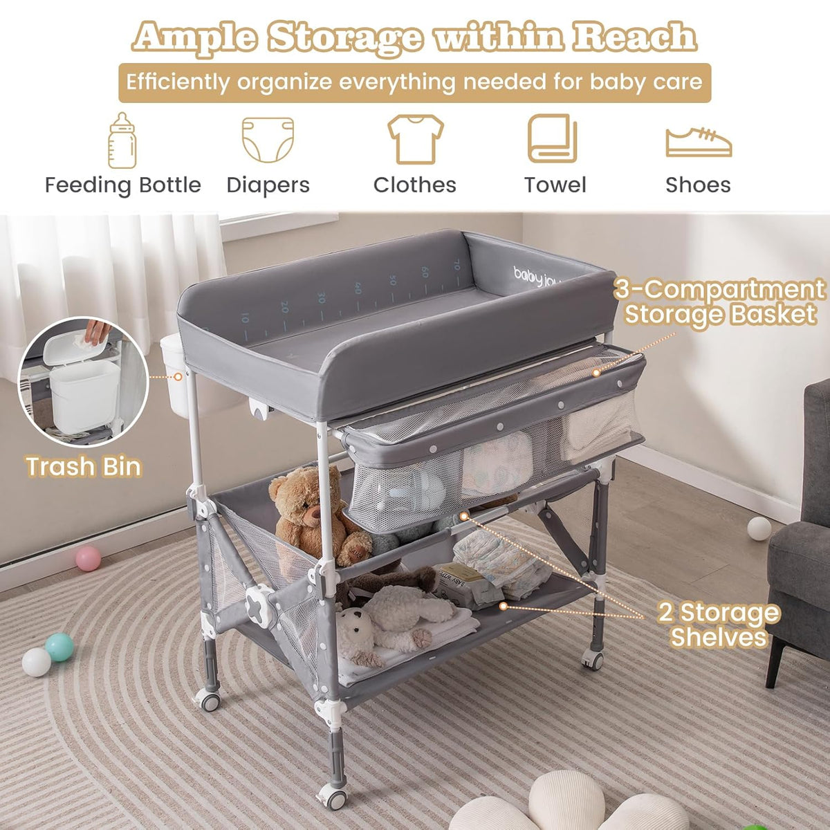 Portable Baby Changing Table, Foldable Waterproof Diaper Changing Station w/Wheels, Adjustable Height, Storage Basket, Shelves & Trash Bin, Mobile Nursery Organizer for Newborn Infant, Beige