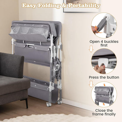 Portable Baby Changing Table, Foldable Waterproof Diaper Changing Station w/Wheels, Adjustable Height, Storage Basket, Shelves & Trash Bin, Mobile Nursery Organizer for Newborn Infant, Beige