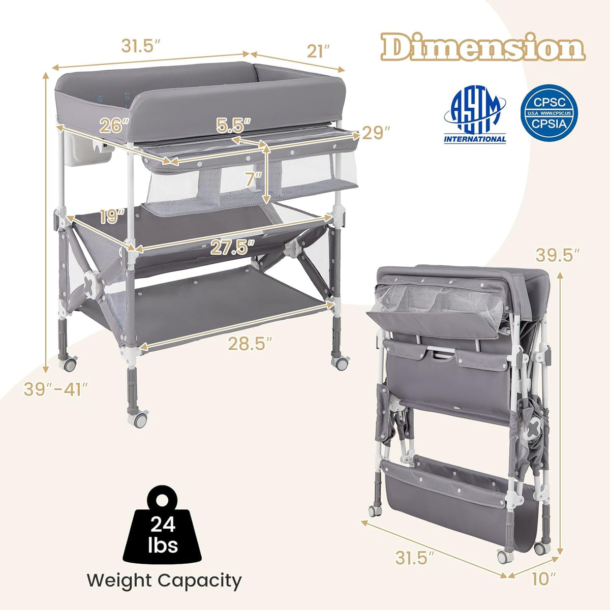 Portable Baby Changing Table, Foldable Waterproof Diaper Changing Station w/Wheels, Adjustable Height, Storage Basket, Shelves & Trash Bin, Mobile Nursery Organizer for Newborn Infant, Beige