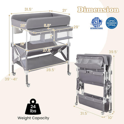 Portable Baby Changing Table, Foldable Waterproof Diaper Changing Station w/Wheels, Adjustable Height, Storage Basket, Shelves & Trash Bin, Mobile Nursery Organizer for Newborn Infant, Beige
