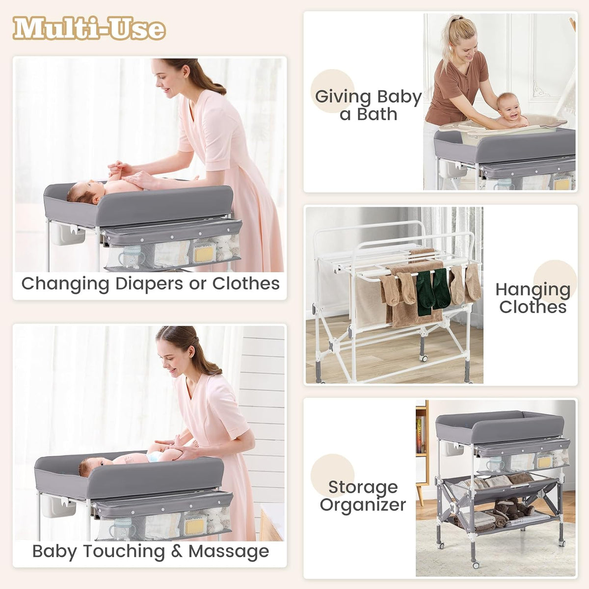Portable Baby Changing Table, Foldable Waterproof Diaper Changing Station w/Wheels, Adjustable Height, Storage Basket, Shelves & Trash Bin, Mobile Nursery Organizer for Newborn Infant, Beige