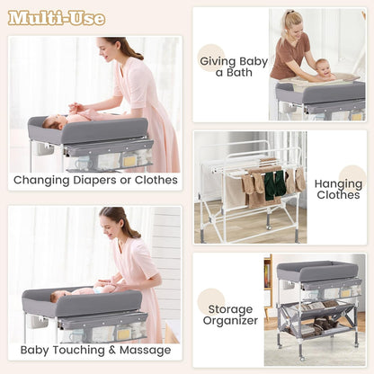 Portable Baby Changing Table, Foldable Waterproof Diaper Changing Station w/Wheels, Adjustable Height, Storage Basket, Shelves & Trash Bin, Mobile Nursery Organizer for Newborn Infant, Beige