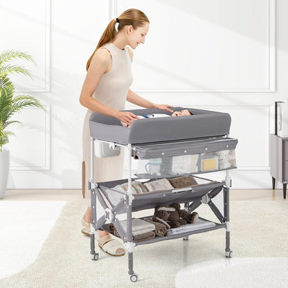 Portable Baby Changing Table, Foldable Waterproof Diaper Changing Station w/Wheels, Adjustable Height, Storage Basket, Shelves & Trash Bin, Mobile Nursery Organizer for Newborn Infant, Beige